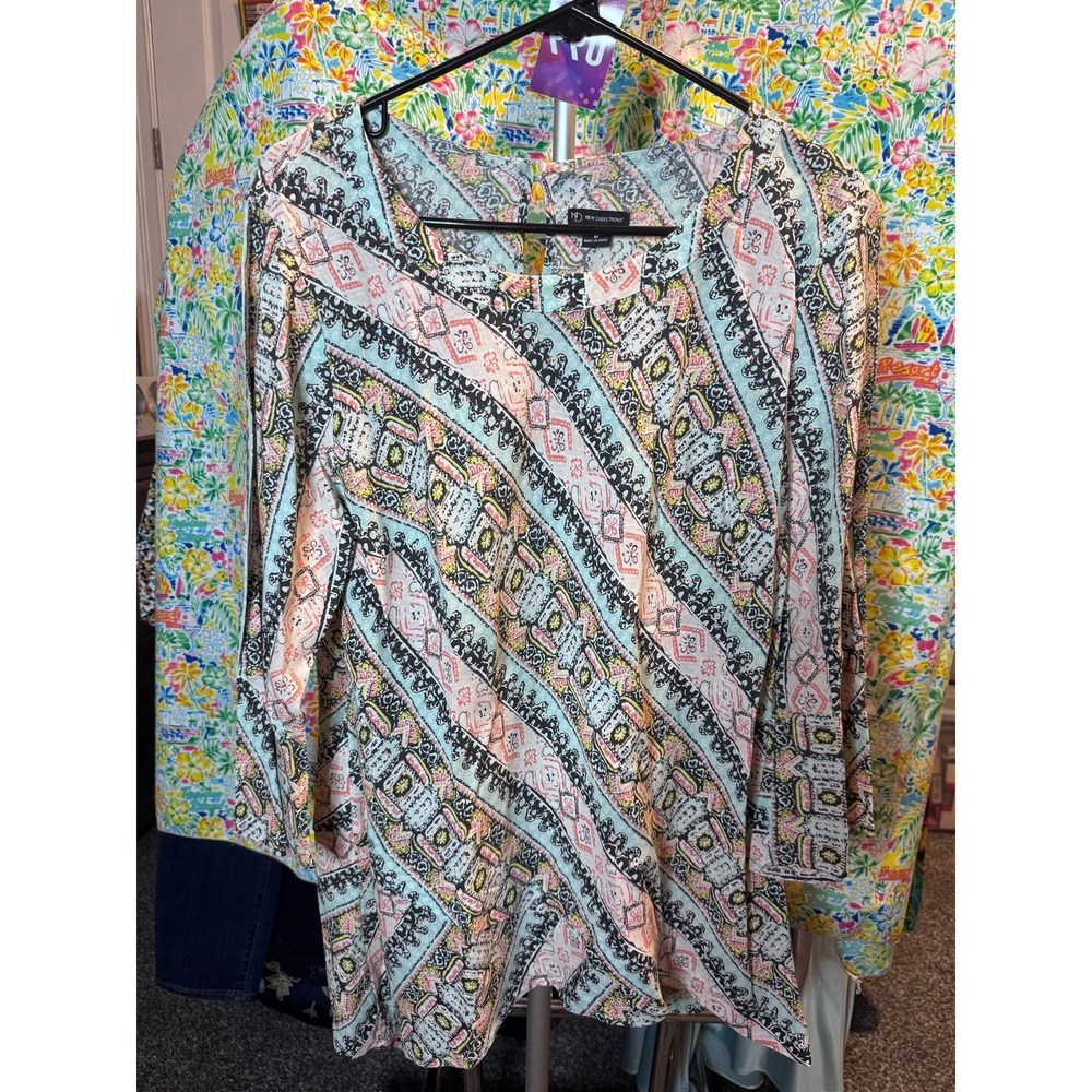 099 New Directions Womens M Boho Rayon Blouse 3/4 Sleeve Geometric Paisley Top